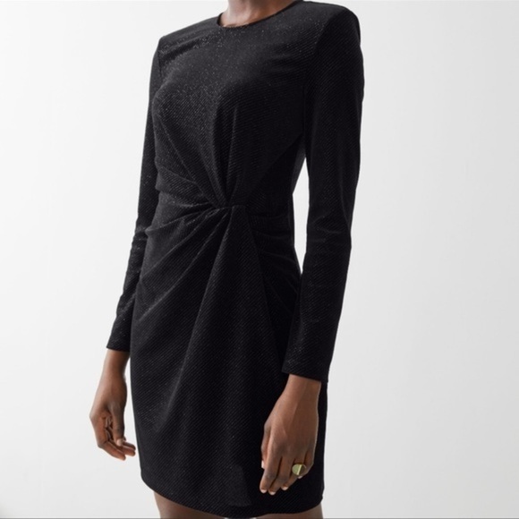 & OTHER STORIES Black Glitter‎ Velour Padded Shoulder Mini Dress Size 2 NWOT - Picture 1 of 12